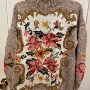 Vtg Hand Knit Sweater 80s Express Tricot Cottagecore Mock Neck s